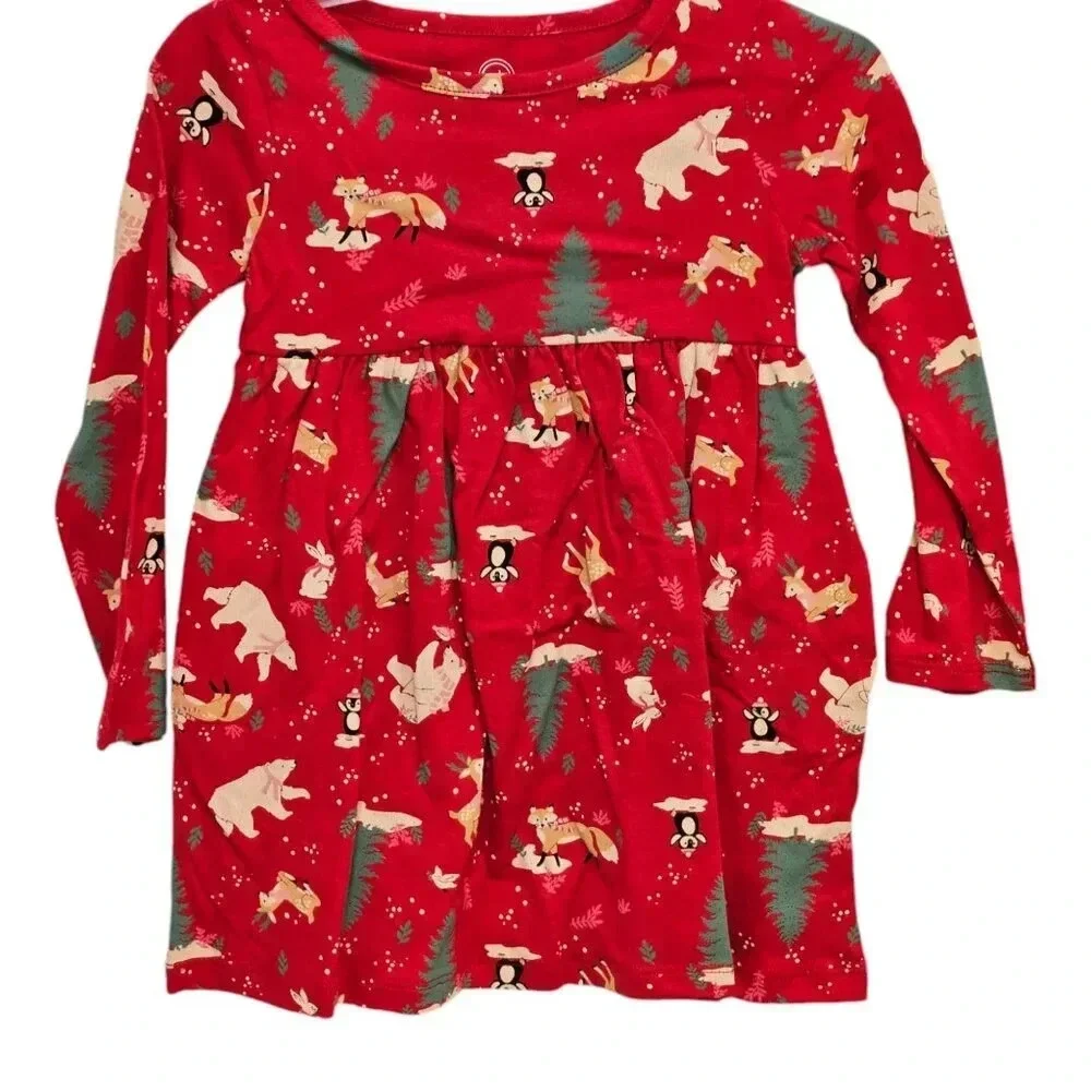 2T Red Forest Creatures Girls Fall Themed Long Sleeve Dress, Dress for Toddlers